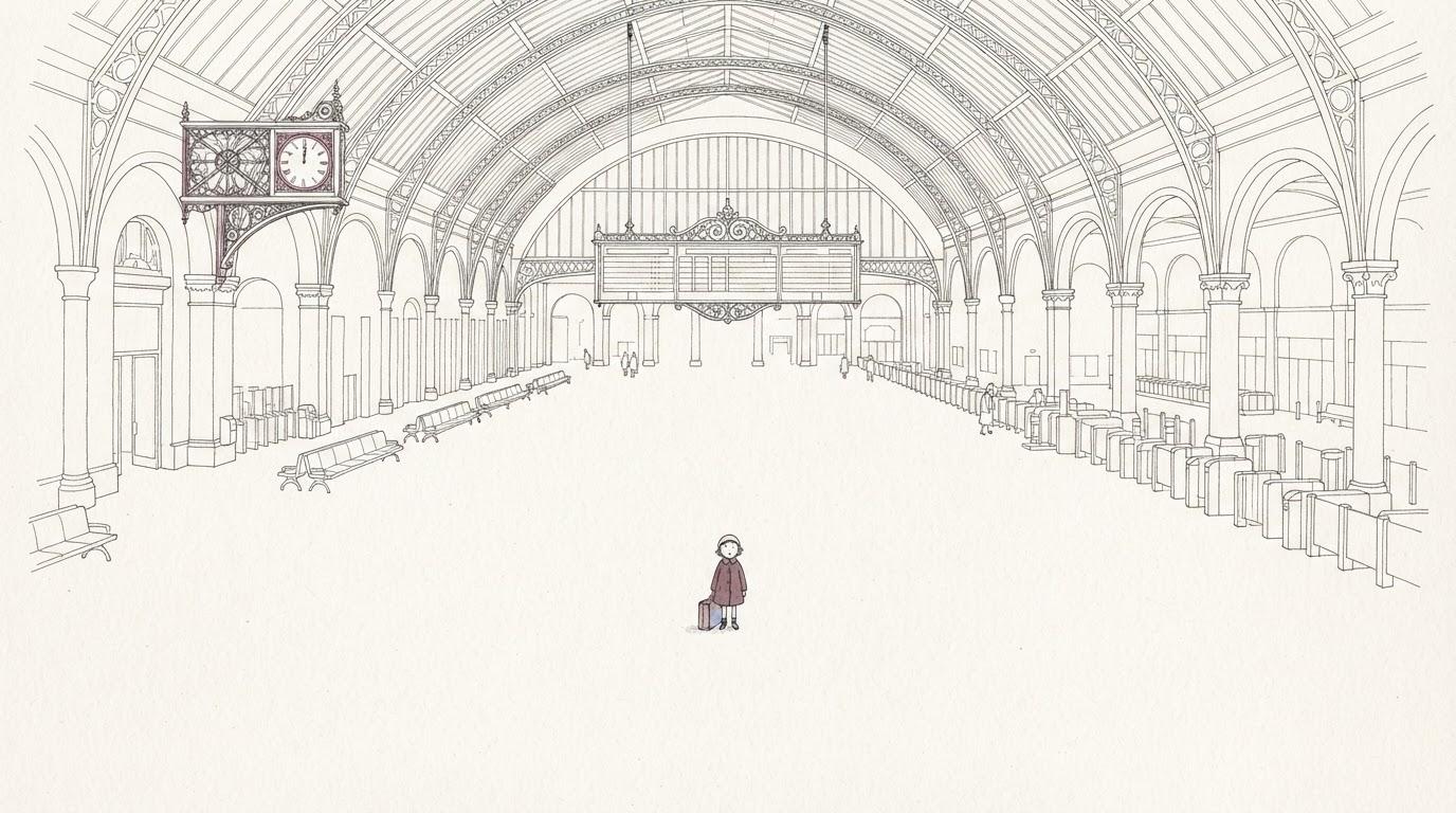 A fine line illustration of an enormous station concourse drawn in tiny precise detail with one minute child standing in the middle of a huge blank floor, the emptiness reading as distance rather than as missing drawing