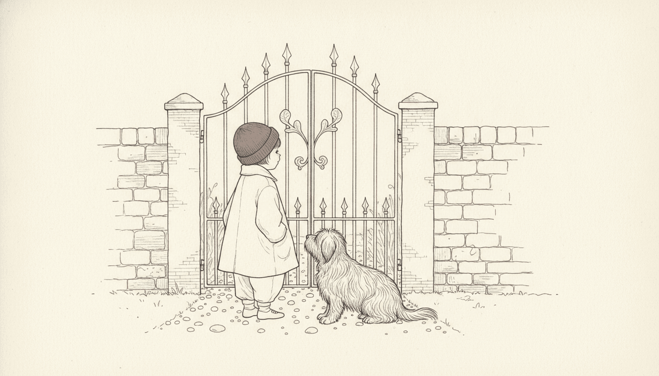 Closer fine line view of a child and a dog at a garden gate where the coat folds, the dog, the ironwork and the gravel path are described purely by thin outline with bare white paper inside every shape and no hatching or shadow at all