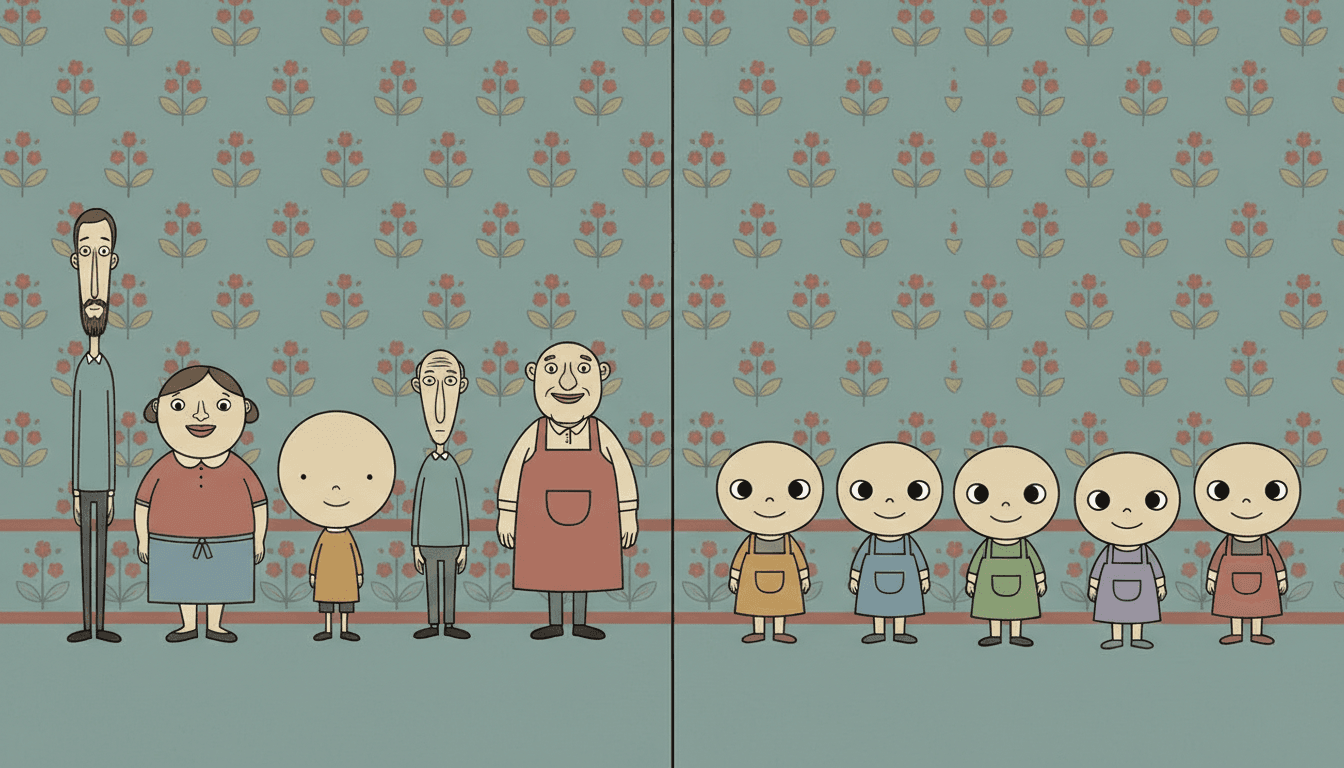 The same row of five villagers drawn twice against a dusty teal wall patterned with small red folk flowers — on the left five plainly different people, a very tall thin bearded man, a short round woman in a red top and blue skirt, a small bald child in an ochre smock, a thin stooped elder in green and a broad bald baker in a brick red apron; on the right five figures drawn to one identical cute default, every head the same circle, every face the same two large round eyes and the same small smile, every body the same stubby shape, differing only in the colour of their pinafores