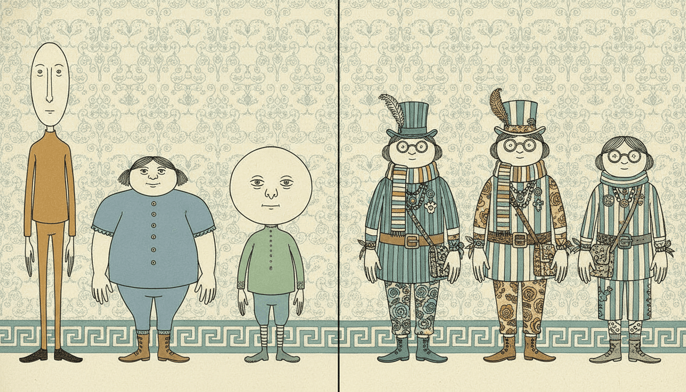 The same idea tested twice against a cream wall of pale teal scrollwork above a woven border — on the left three figures in plain undecorated clothes who differ only in shape, a very tall thin man with a long oval face in ochre, a short wide woman in blue nearly as broad as she is tall, and a figure whose enormous round head sits on a small green body; on the right three figures built to one identical body and round face, loaded with striped and floral layered clothing, feathered top hats, spectacles, beads, belts and satchels, who still read as the same person three times over