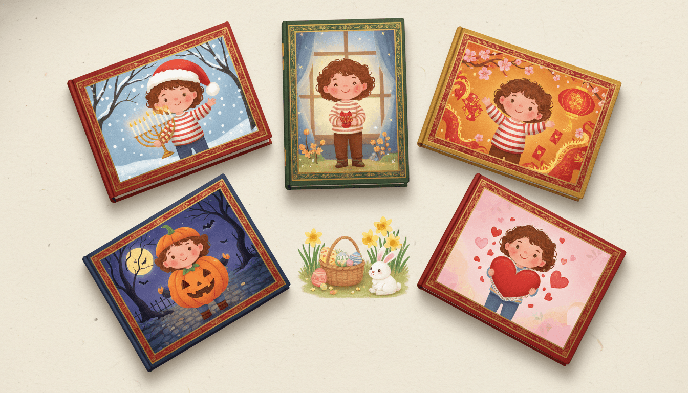 Six finished holiday-themed picture book covers — Christmas, Hanukkah, Halloween, Valentine, Easter, Lunar New Year — all clearly starring the same recognizable child