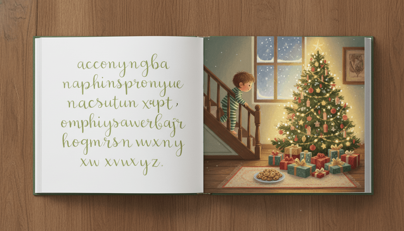 An open Christmas-themed picture book spread showing a snowy Christmas morning illustrated scene