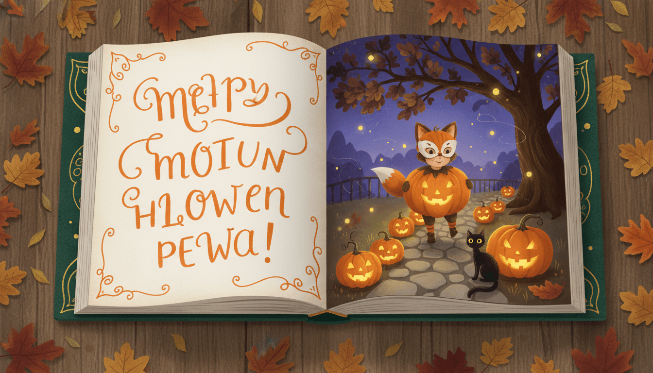 An open Halloween-themed picture book spread with a friendly trick-or-treating scene