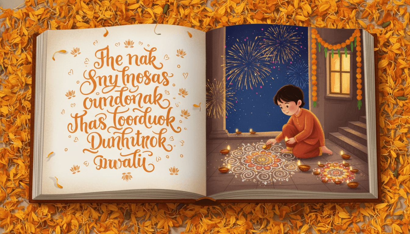 An open Diwali picture book spread with diya oil lamps and a rangoli pattern