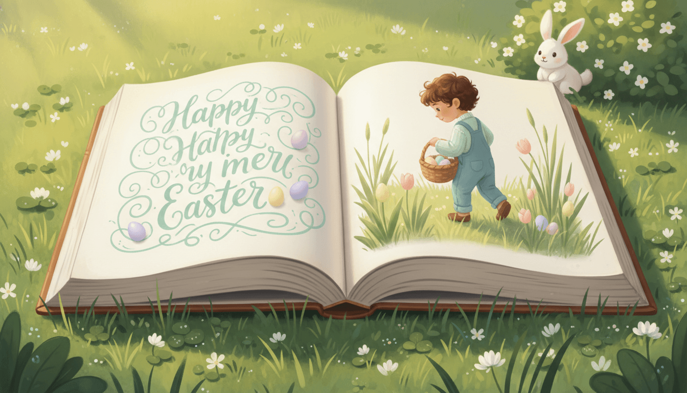 An open Easter picture book spread with a spring egg hunt scene