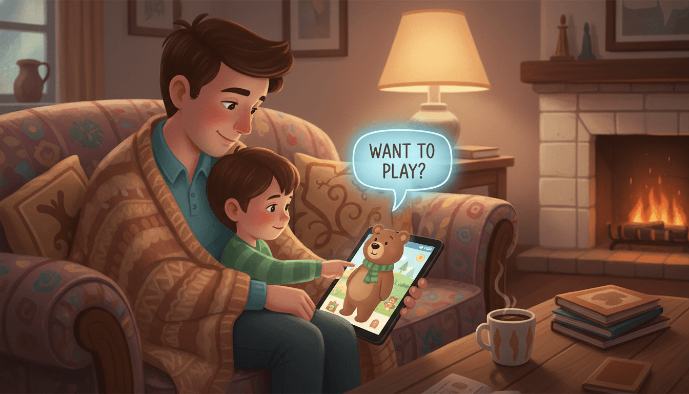 Parent and child snuggled on a couch reading an interactive storybook on an iPad while the child taps a friendly bear character to chat