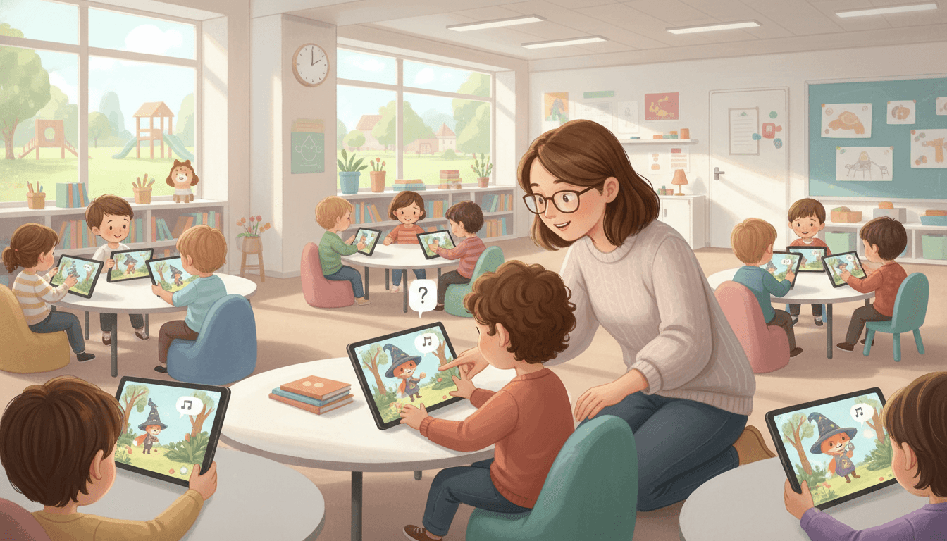 Bright classroom of young students each holding a tablet showing the same interactive picture book while the teacher guides them