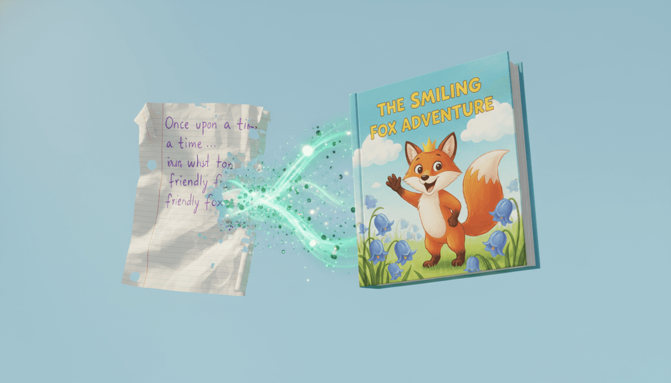 A child's handwritten bedtime story on lined notebook paper transforming mid-air into a glossy hardcover children's picture book with a smiling fox protagonist on the cover