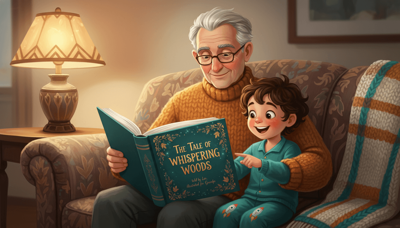 A grandparent reading a finished hardcover personalized children's picture book to a delighted grandchild on a couch