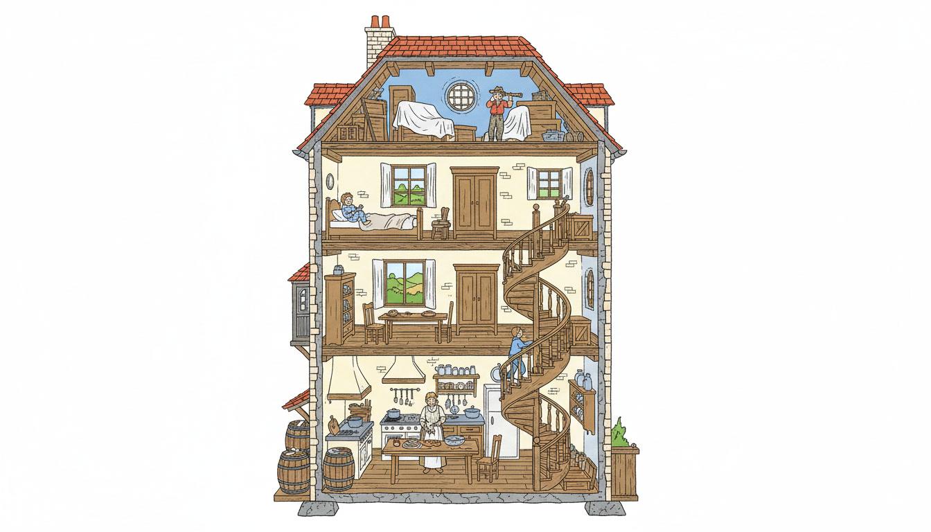 A clear-line cutaway of a narrow town house showing five fully furnished floors at once, every chair, pot and stair tread drawn at the same even ink weight