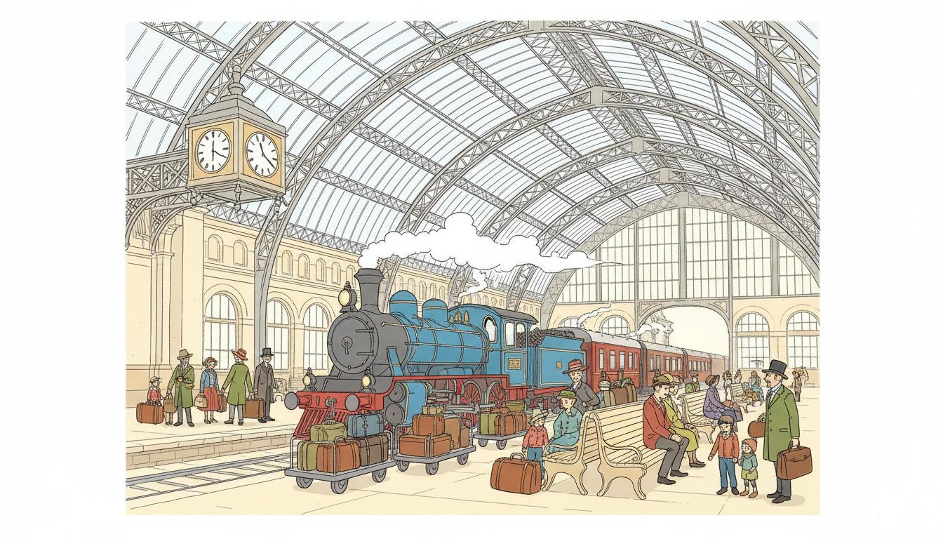 Clear-line illustration of a grand railway station interior with an arched iron-and-glass roof, a waiting steam locomotive, luggage trolleys and travellers, the overhead girders drawn as finely as the people below