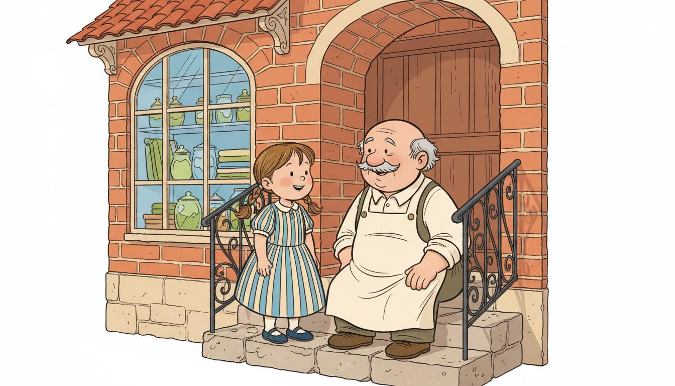 Close three-quarter clear-line view of two characters talking on a doorstep, where the outline of a cheek, the iron railing, the mortar between bricks and the window frame are all the same thin even ink line