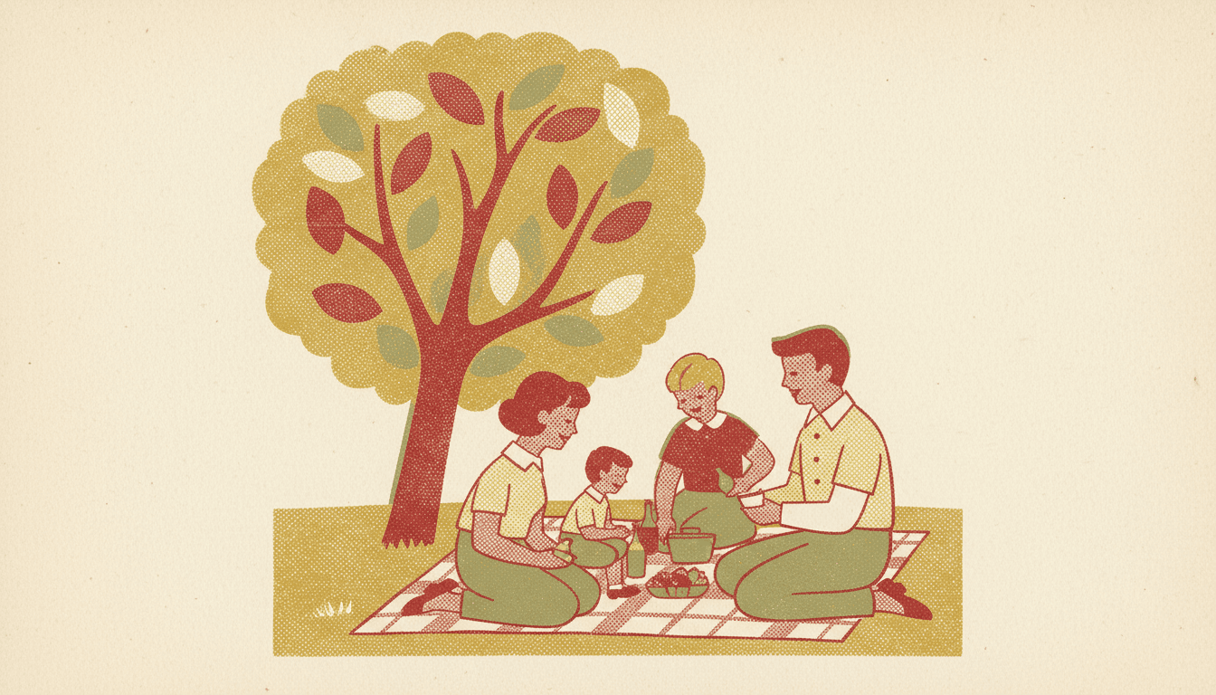 Retro 1950s printed picnic scene in dusty mustard and faded brick red with heavy halftone dot texture and spot-colour layers printed slightly out of register
