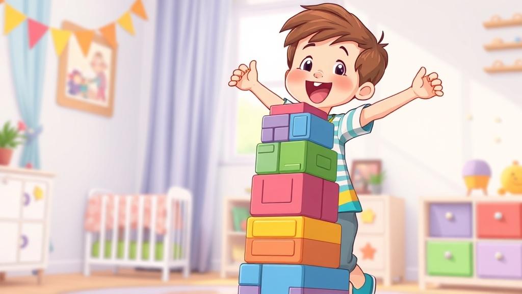 A 4-year-old child building a tall colorful block tower with a triumphant smile in a bright nursery room