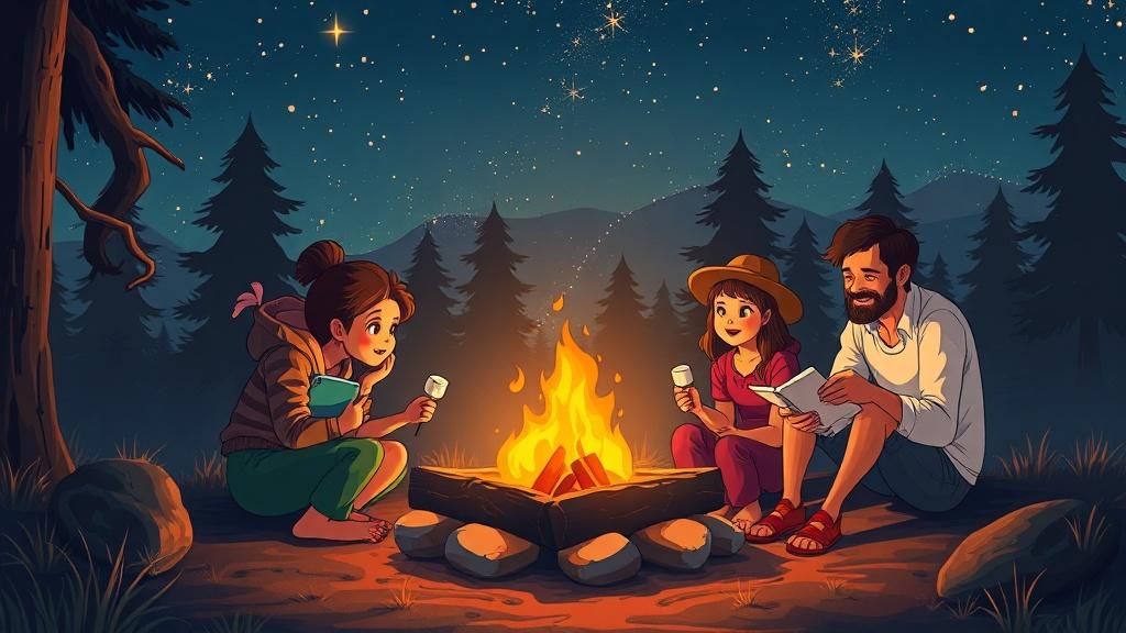 A family camping under the stars around a campfire roasting marshmallows and telling stories