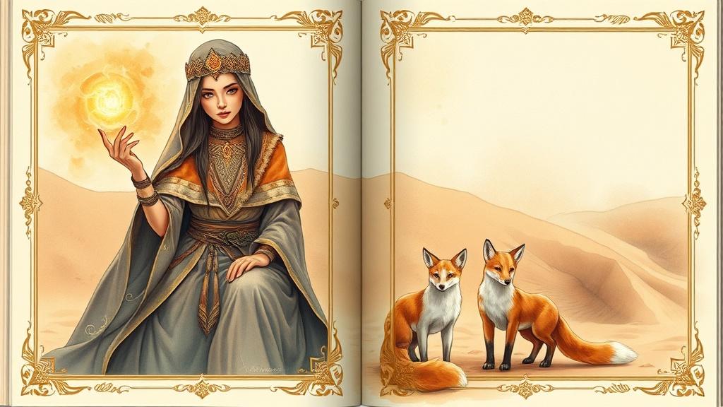 Illustrated novel chapter spread featuring the same desert nomad sorceress original character and her loyal fox companion across multiple watercolor scenes