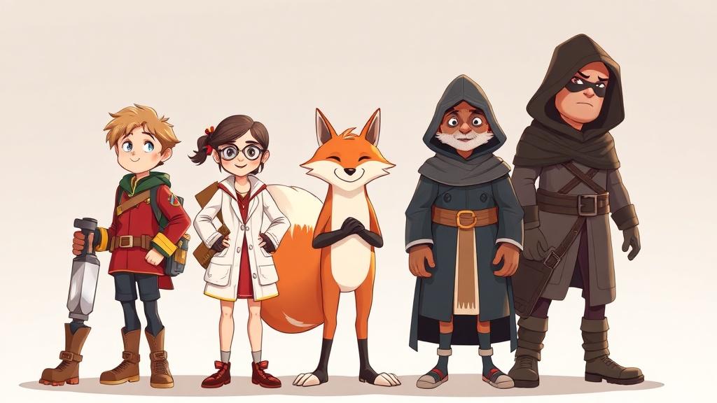 Illustrated character cast lineup for a middle-grade novel showing five distinct book characters in matching art style