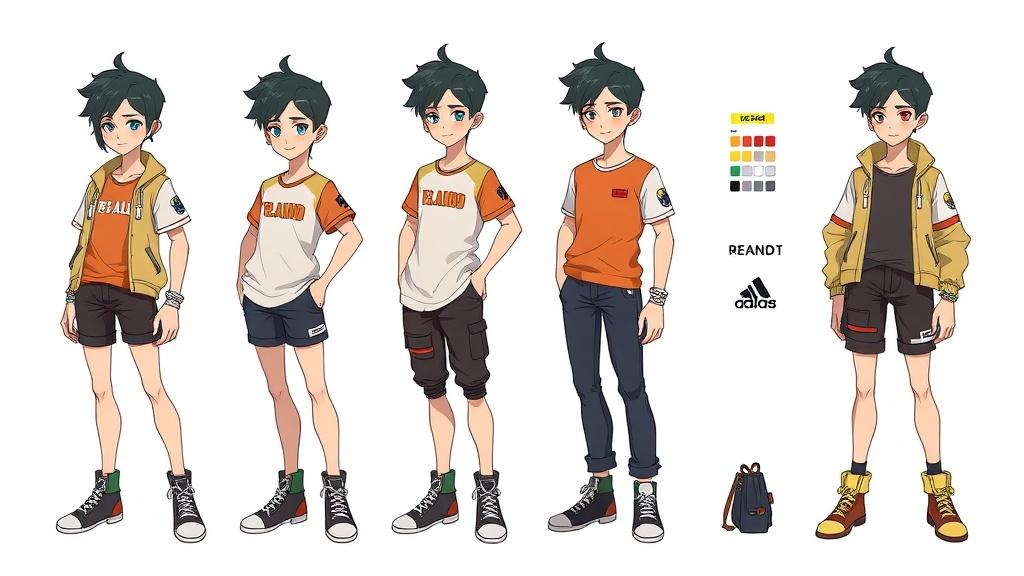 Reference sheet of one auto-generated original character in five poses and three outfit swaps with consistent design