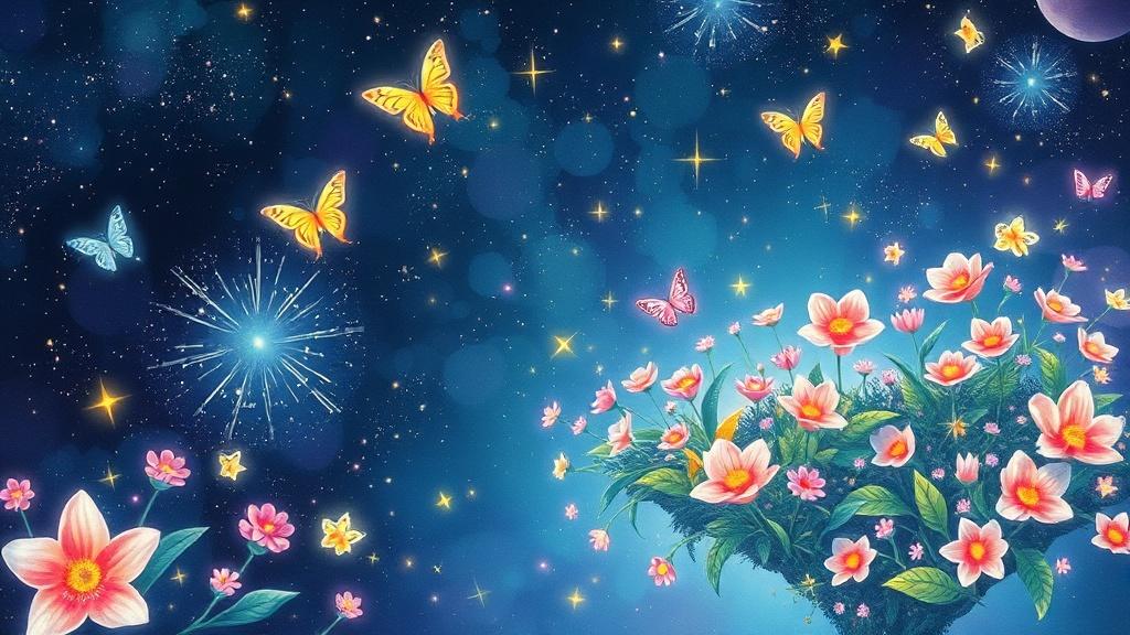 A magical space garden floating among the stars with glowing flowers in zero gravity