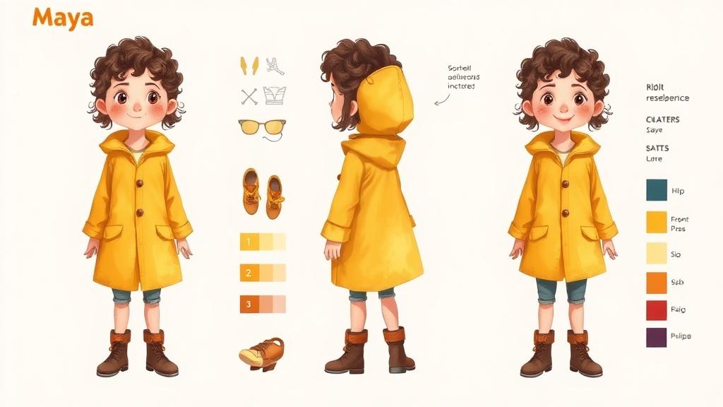 Story character reference sheet for a children's book protagonist showing front pose, side pose, three expressions, and color palette