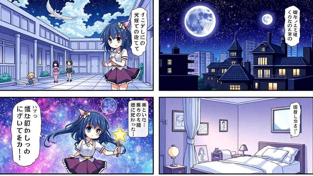 Four-panel comic page starring the same original character magical girl across school courtyard, midnight rooftop, magical battle, and quiet bedroom scenes