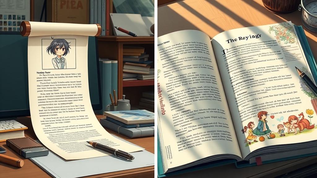 Side-by-side comparison: NovelAI-style writing studio with scrolling typed manuscript and a separate anime portrait sketch on the left, a finished illustrated picture book open to a fully painted spread on the right