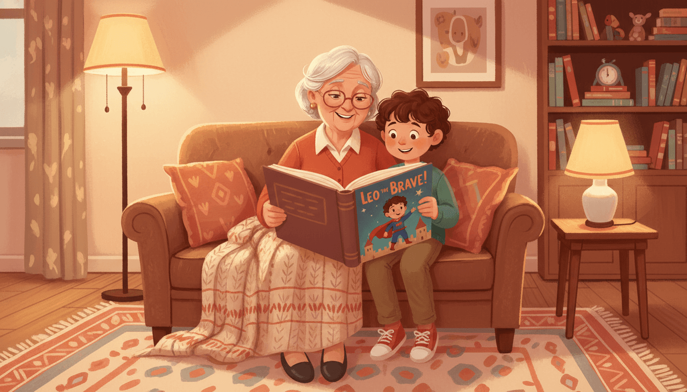 Grandparent and grandchild reading a personalized hardcover children's book together with the child as the hero on the cover