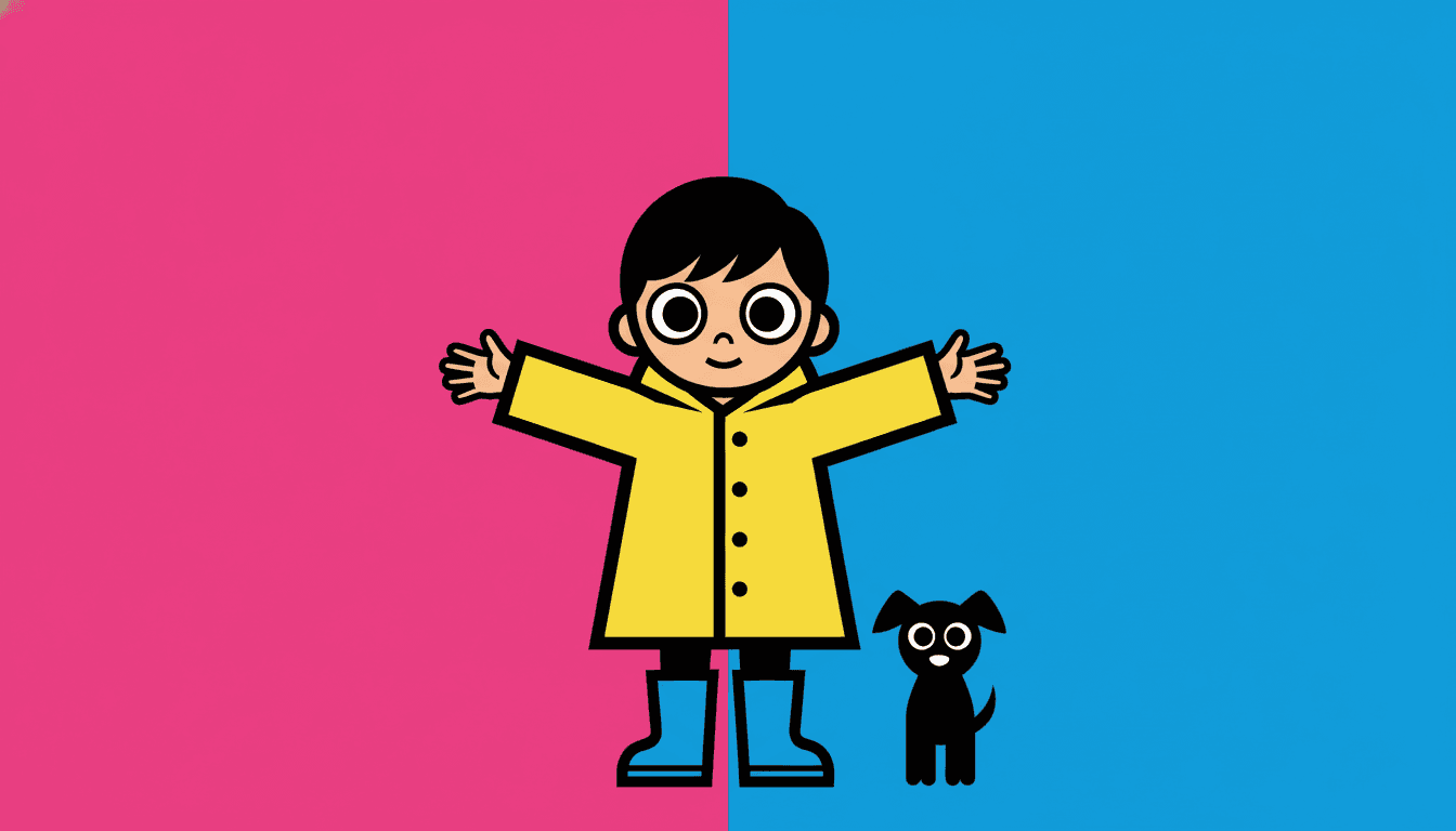Pop art picture book illustration of a child with round bulging eyes and a thick black outline standing with both arms thrown wide, facing straight out of the page like a figure on an advertising poster, against a background split down the middle into one flat field of hot pink and one flat field of electric blue