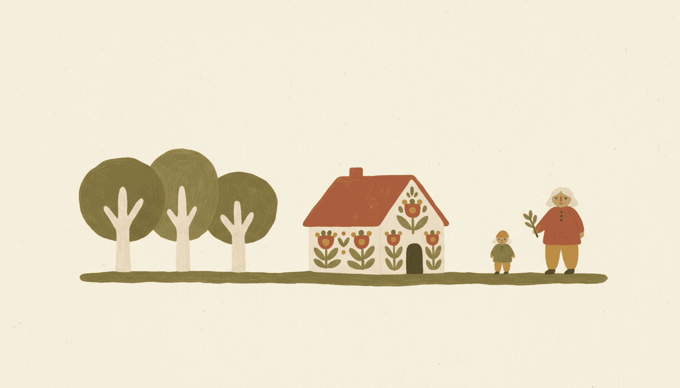 A naive Scandinavian folk art page where a cottage, three stout trees and two figures all sit on one flat plane with no cast shadows, and the important figure is simply painted larger than everything else