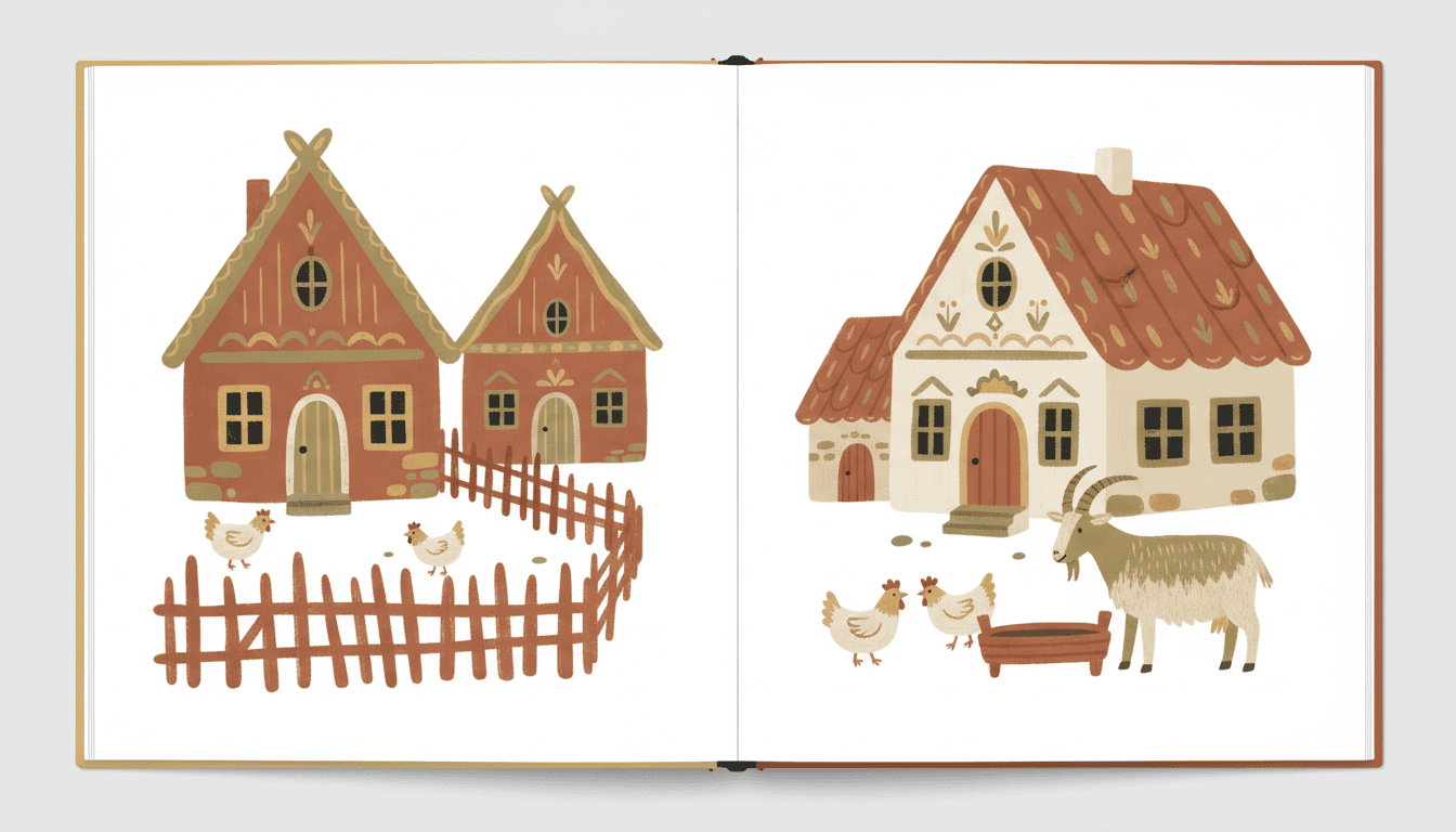 Scandinavian folk art village of simple cottages with painted gable motifs, a rickety fence, hens and a goat, all flattened naive folk shapes in matte terracotta, olive and faded mustard