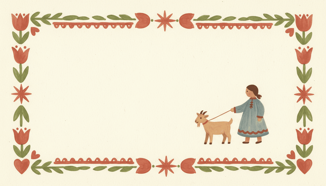 Nordic folk picture book page framed by a hand-painted border of tulips, hearts and eight-pointed stars, with a small naive child leading a goat in the calm empty middle