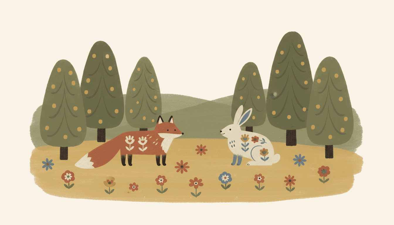 Naive Scandinavian folk forest with stout triangular pines, a fox and a hare painted as flattened folk shapes with tiny dot eyes, in muted olive, terracotta and cream