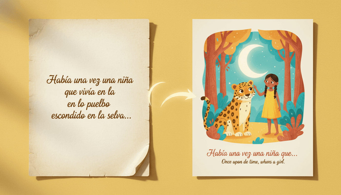 Side-by-side comparison: Spanish prose on the left, the same scene rendered as a beautiful picture book page with a young Latina girl meeting a friendly jaguar under a glowing moon, with bilingual Spanish and English text on the right