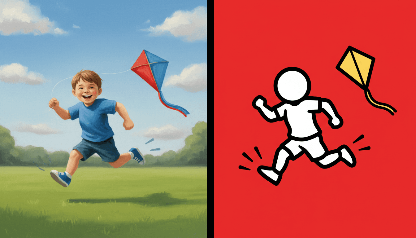 The same running boy drawn two ways across one frame split down the middle by a thick black line: on the left a fully rendered painting with correct anatomy, a smiling face, brown hair, folds in his blue shirt, a blue sky with clouds, green grass and a soft shadow beneath his shoes, holding a red and blue kite; on the right the identical boy reduced to one thick unbroken black outline filled flat white on a solid red ground, his head a plain oval with no eyes, nose or mouth, his stride pushed further open, short black stroke marks at his heels and his kite now a plain flat yellow diamond