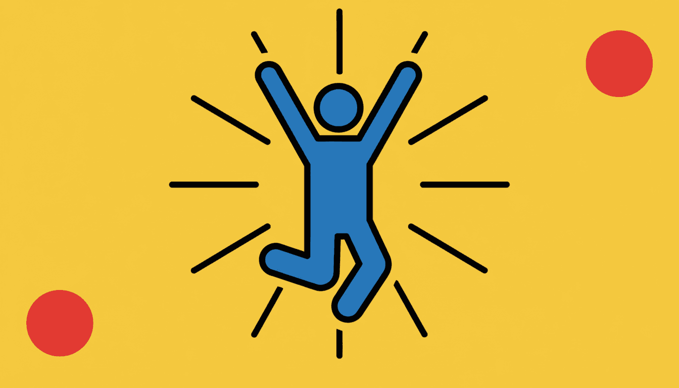 One large blue pictogram figure with a thick black outline centred on a flat yellow square, caught at the very top of a jump with both arms stretched straight up, both knees bent and both feet off the ground, with about twelve short straight black stroke marks of varying length radiating outward all the way around its body, and one solid red circle in the lower left and another in the upper right