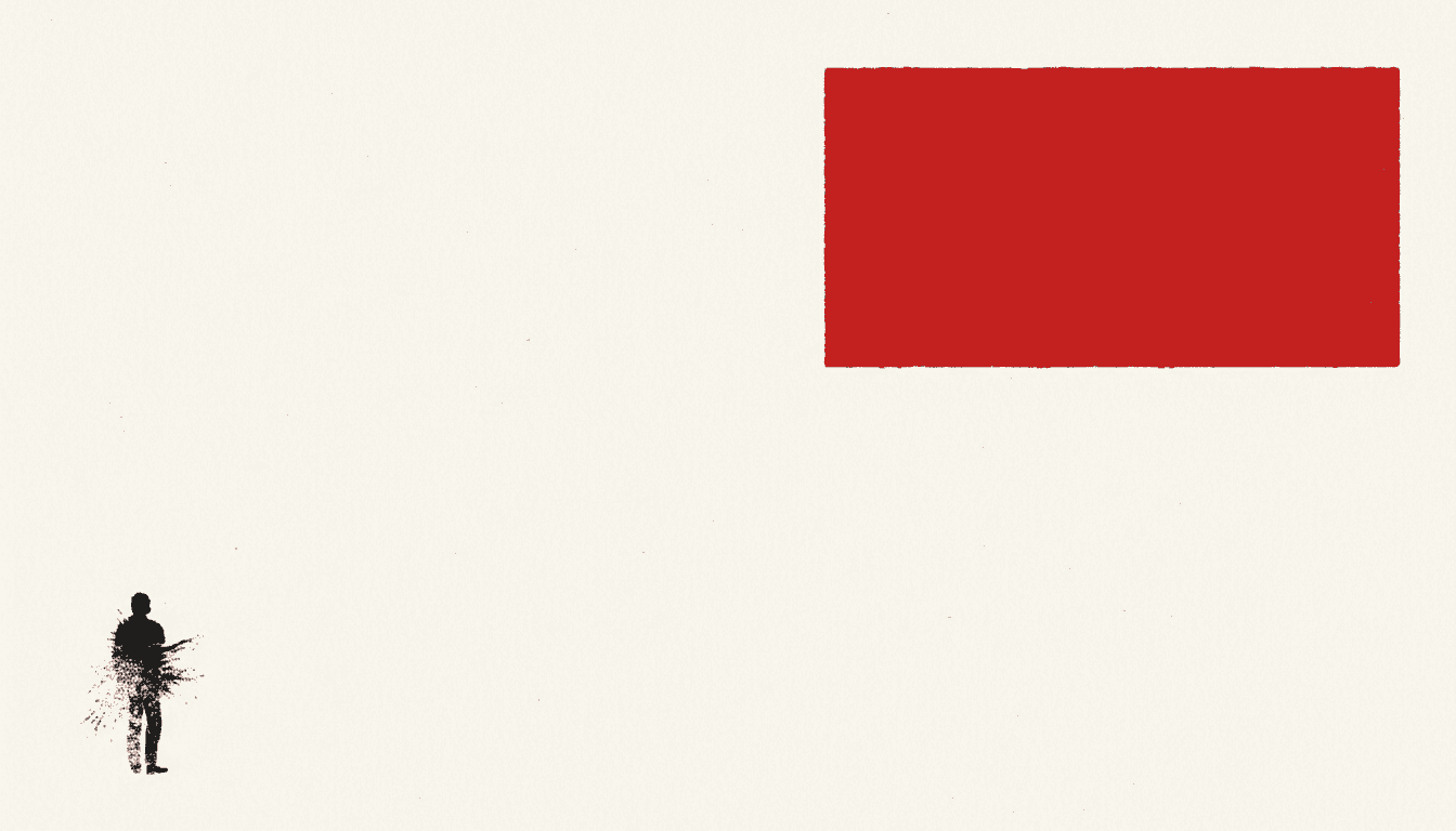 Minimalist ink painting story page with a small black ink figure set against one bold flat block of pure red, the rest left as bare rice-paper white