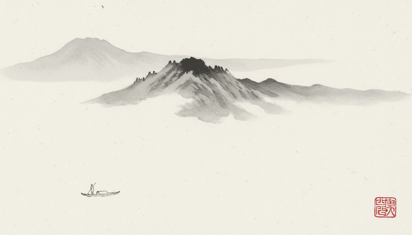 Sumi-e ink wash picture book landscape where the band of mist between the near ridge and the far mountains is left as completely unpainted paper