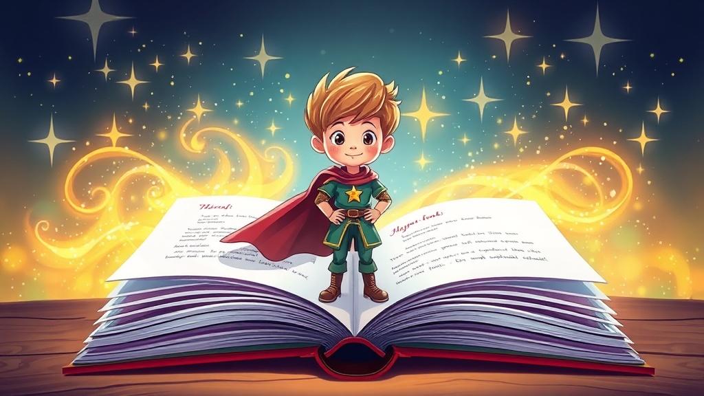 Magical children's book with a young hero character in colorful cartoon style