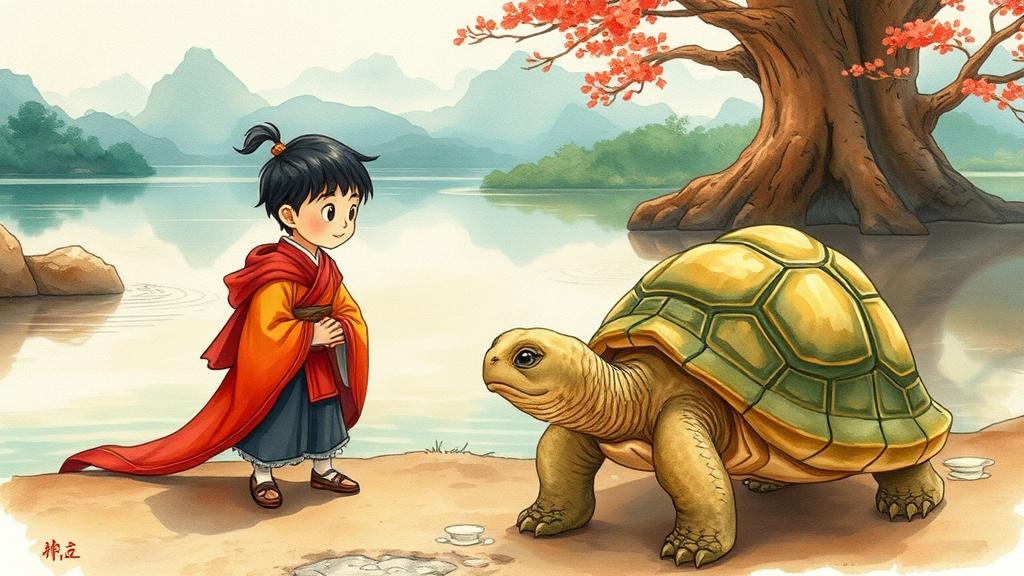 中国民间故事场景,小英雄遇见神秘湖边的智慧老龟