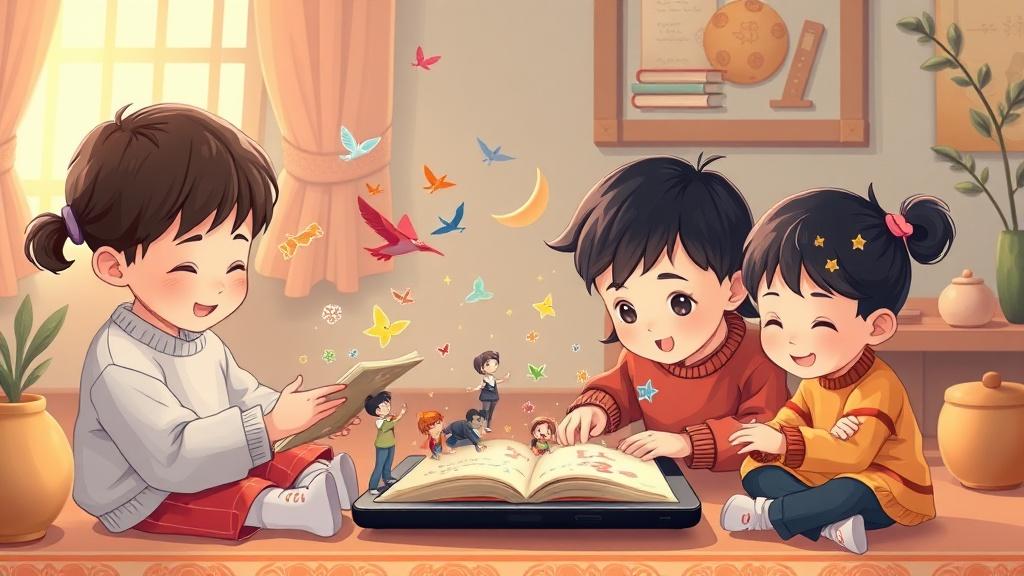 小朋友用AI平板创作故事,彩色角色从屏幕飞出