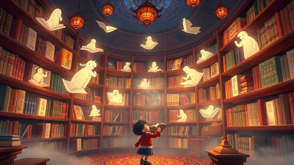 魔法图书馆,漂浮的中文故事书,发光的角色从书页中涌出