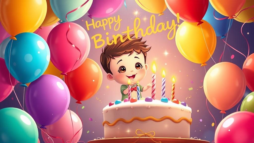 A beautifully illustrated birthday storybook with a child surrounded by balloons and cake