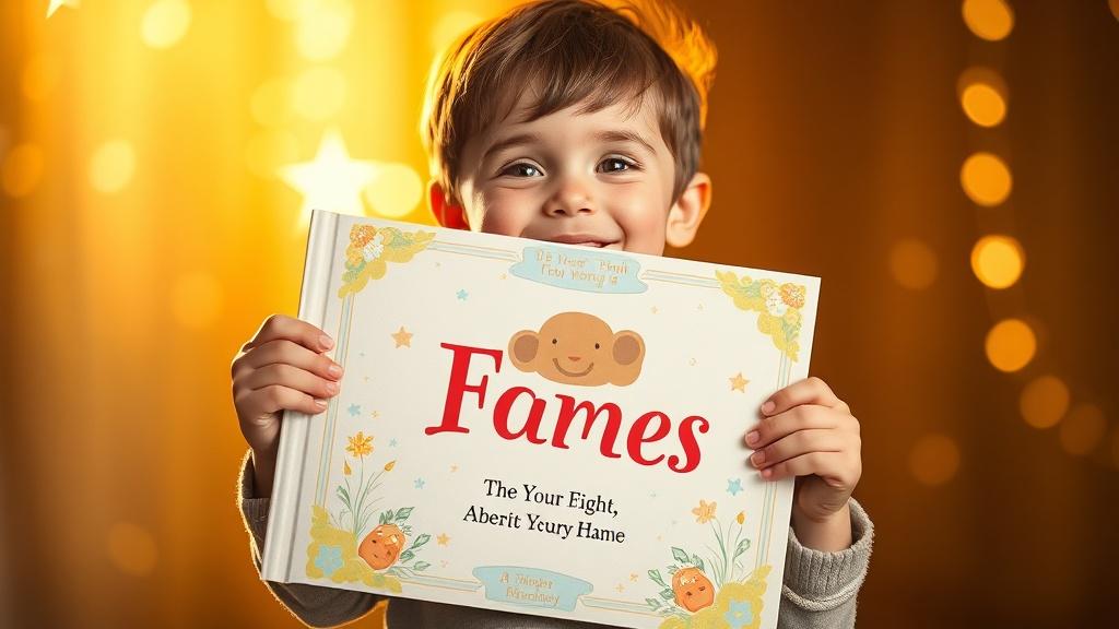 A proud child holding up a personalized storybook with their own name on the cover