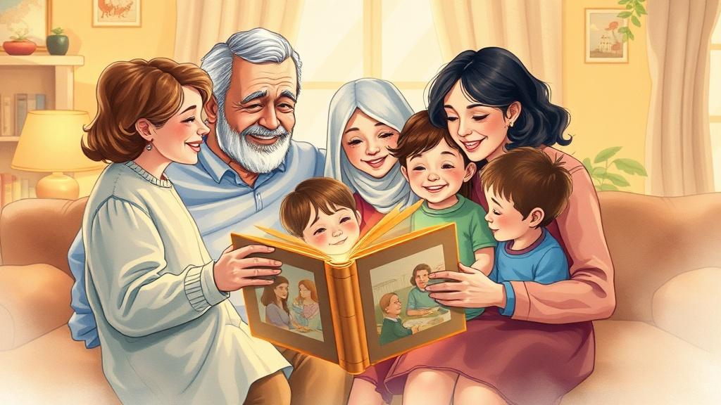 A warm family gathered around an illustrated storybook showing their memories together