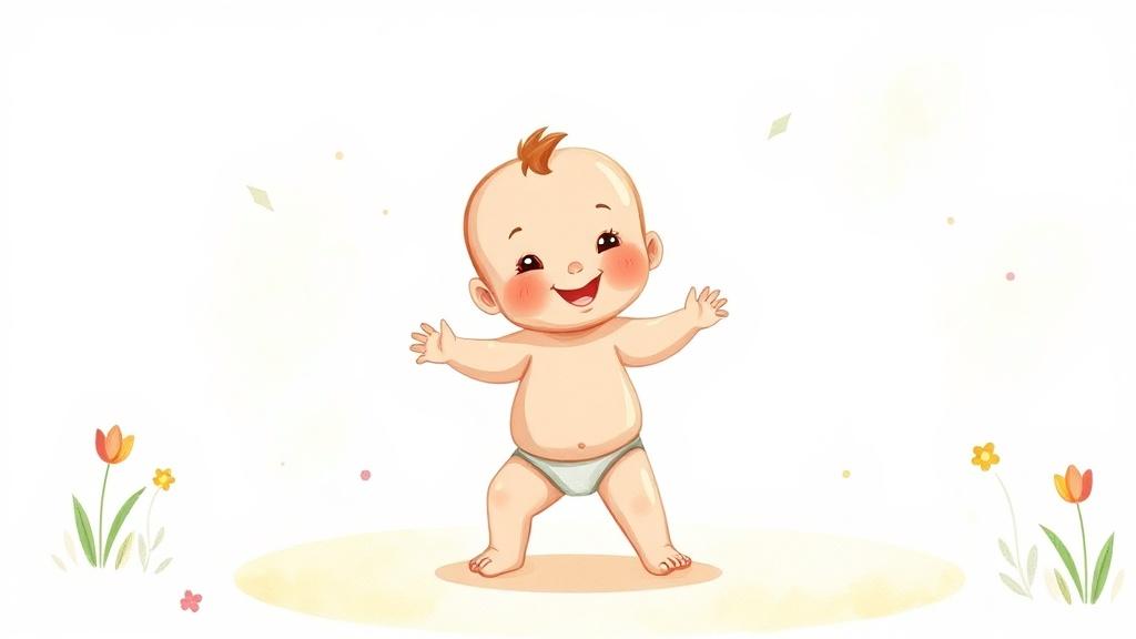 A beautiful illustrated baby book showing a smiling baby taking first steps in soft pastel colors