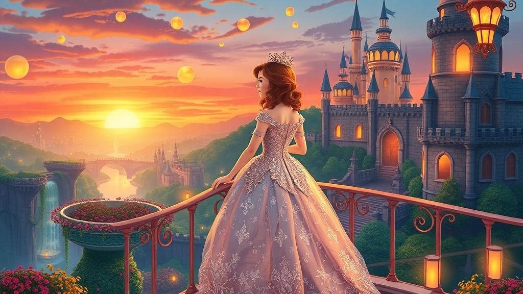 A young princess in a sparkling gown on a castle balcony overlooking a magical kingdom with floating lanterns