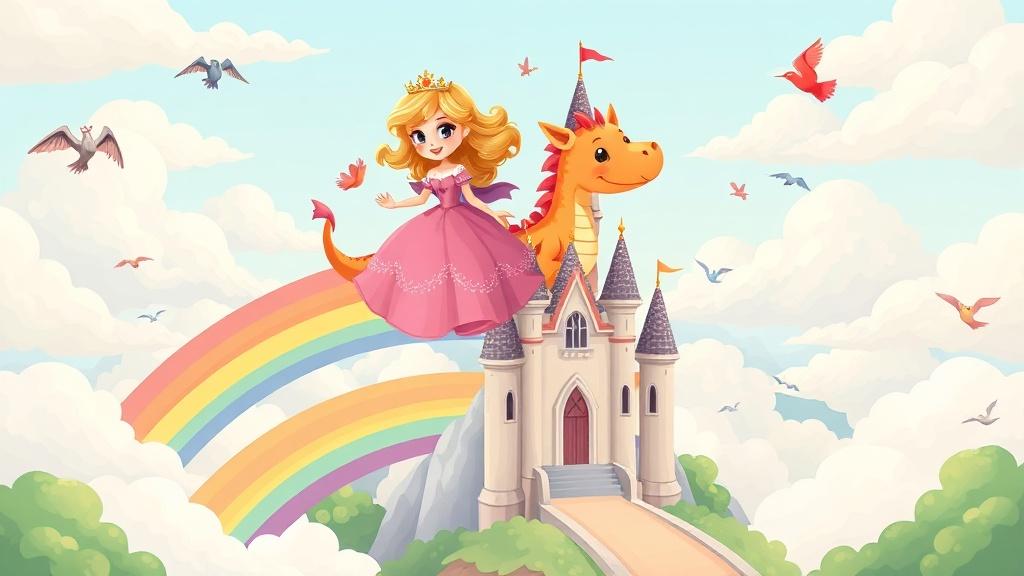 A princess and her dragon friend flying over a rainbow castle surrounded by fluffy clouds