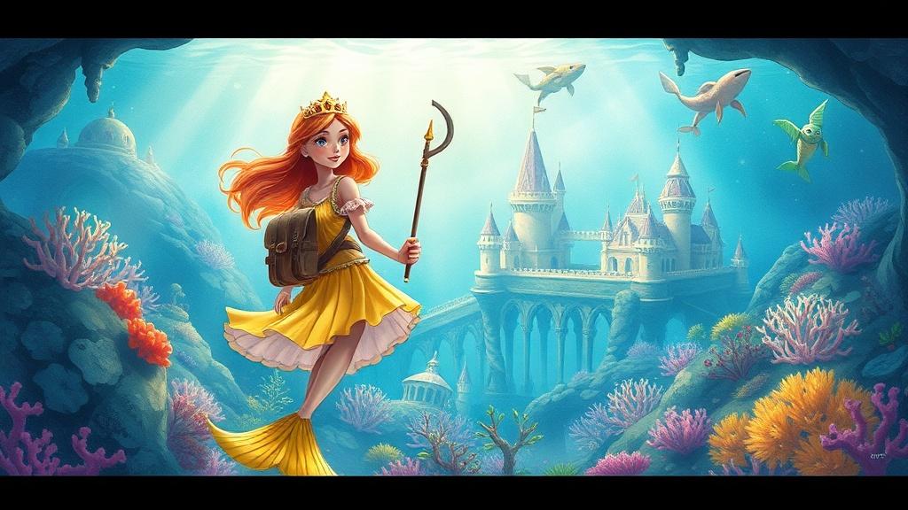 A princess adventurer exploring a hidden underwater kingdom with mermaids and coral castles
