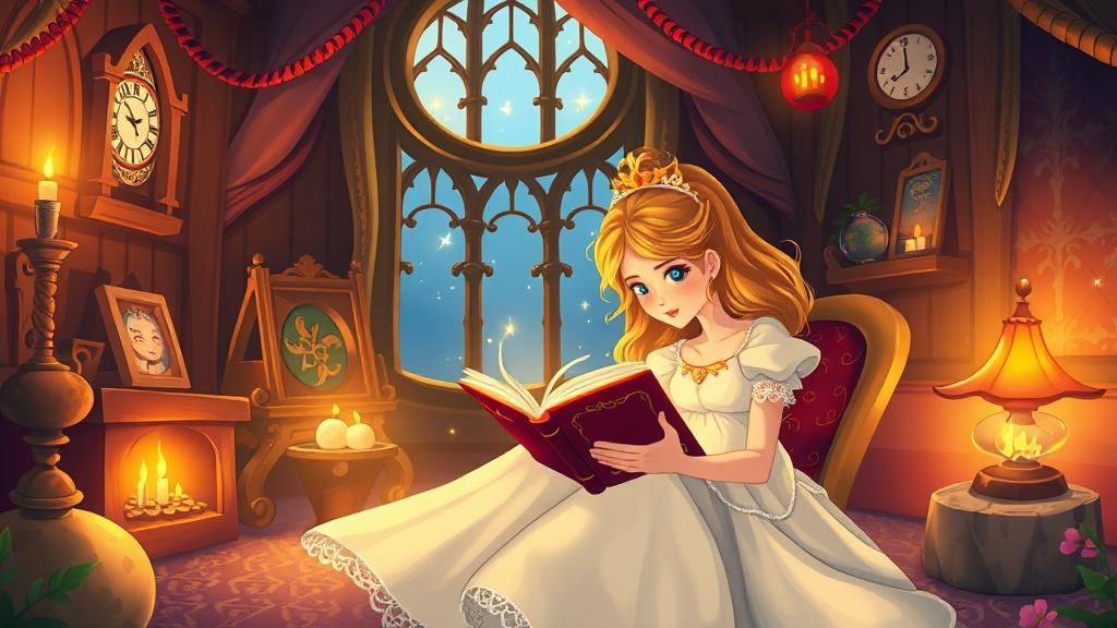A princess reading a magical storybook in a cozy tower room with enchanted objects coming to life