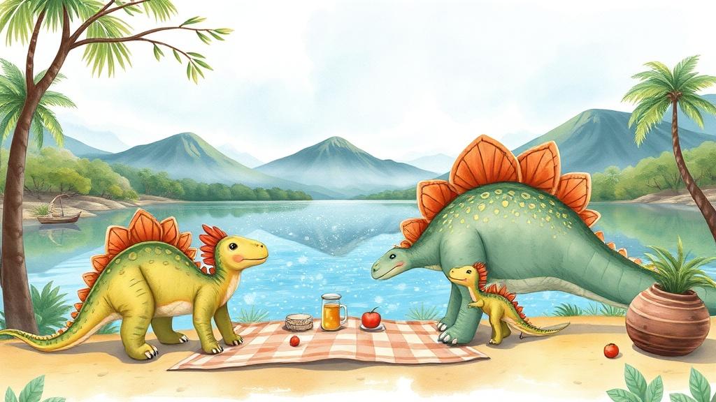 A stegosaurus family having a picnic by a sparkling crystal lake in a prehistoric paradise